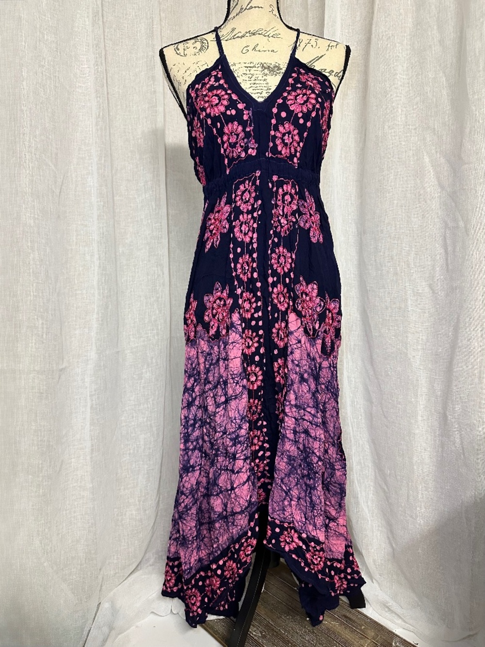 Vintage Beachy Asymmetrical Pink and Navy Tie Dye Maxi Dress By Shoreline